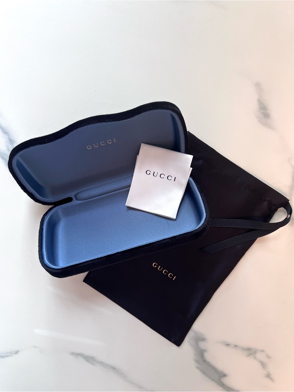 Gucci NWOT Black Velvet Hard Sunglasses Case, Branded Pouch and Polishing Cloth